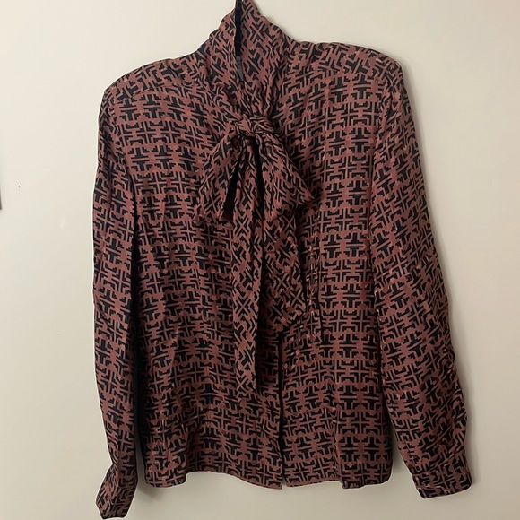 Christian Dior Beautiful Vintage Brown Silk PussyBow Long Sleeve Blouse Size 12 - Picture 1 of 5